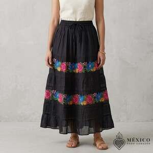 Mexican Black Gauze Maxi Skirt – Bohemian Tiered CROSS stich Peasant Skirt S M